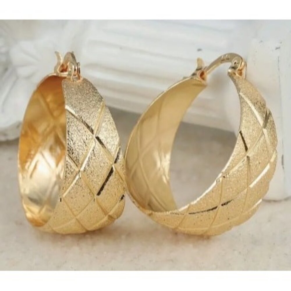 14k Gold Plated Rhombus Pattern Hoop Earrings
